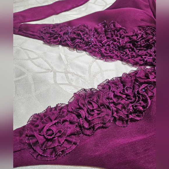 Halter Fitted Ruched Bridesmaid Dress | Adrianna Papell | Magenta/Purple - Picture 3 of 7